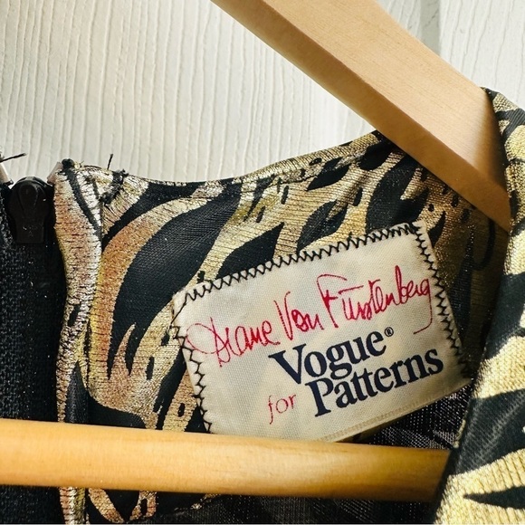 Vintage Diane Von Furstenberg Dress Mini 80s Metallic Gold Black New Years - Picture 5 of 6